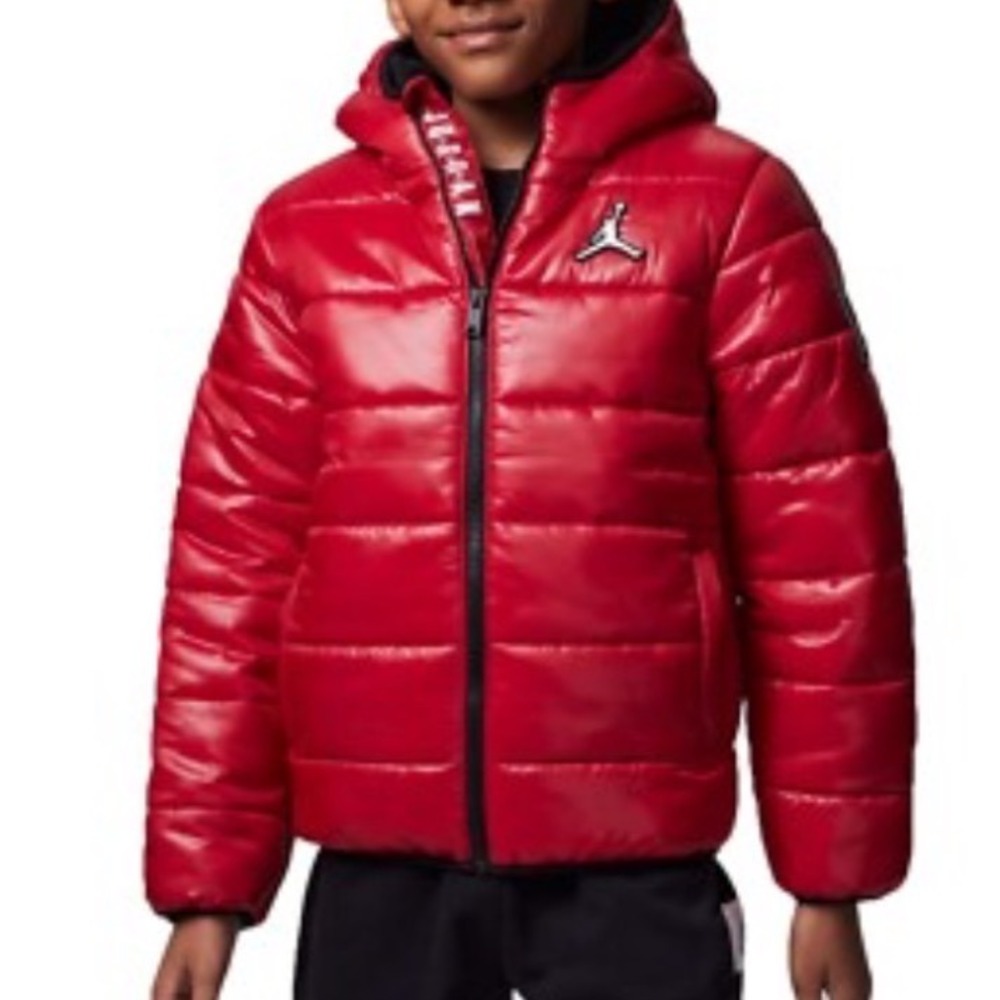 Jordan Boys Red Faux Down Puffer Jacket Hood Fleece Lined Jumpman Logo XL 13-15Y